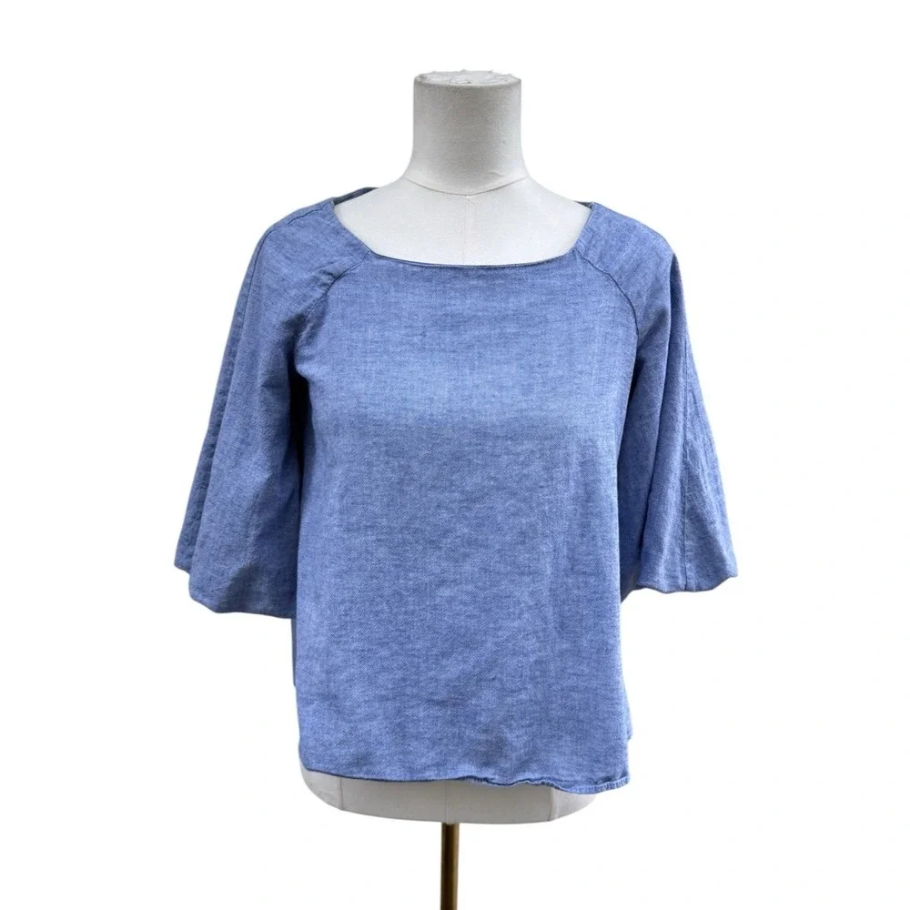 Zara Basic Blue Linen Blend Top XS Flowy Boxy Short Sleeve Minimal Summer Blouse